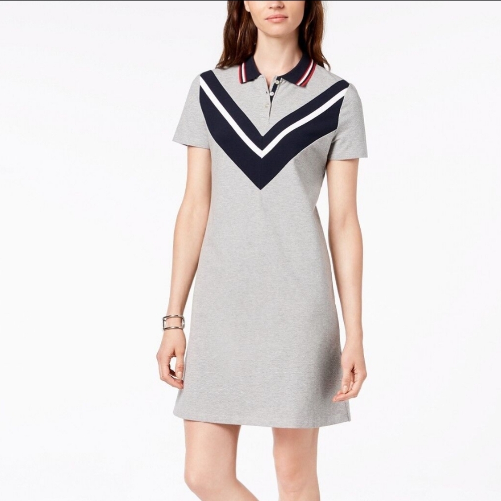 Tommy Hilfiger T-Shirt Dress Women's Gray Blue Chevron Print Point Collar SZ XL